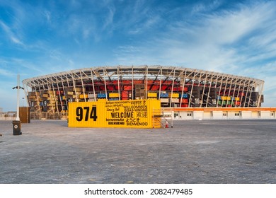 DOHA, QATAR - NOV 26, 2021: Stadium 974, previously known as Ras Abu Aboud Stadium, is football stadium which is built in Doha, Qatar for the 2022 FIFA World Cup.