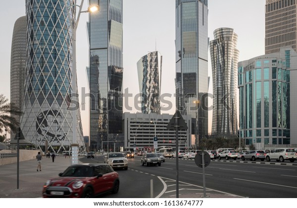 DOHA, QATAR - NOVEMBER 6, 2019: Modern skyline\
of the west bay in capital city of Doha. Some of the tallest\
skyscrapers in Qatar are found in this\
area.