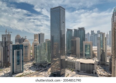  Doha, Qatar - October 09, 2021: The Aerial view of westbay Doha Skyline in daylight, The West Bay is one of the most prominent districts of Doha.