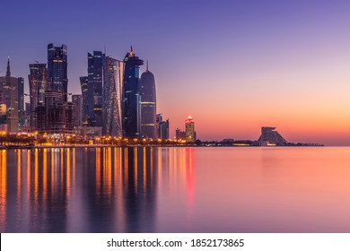 Doha, Qatar - October 10, 2020: Beautiful sunrise view of Corniche West bay skyline Doha City