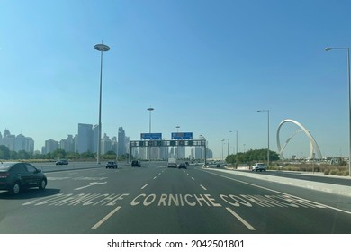 Doha, Qatar - September 15, 2021: Al Wahda Bridge The Tallest Monument of City. known as 56 Bridge of Arch