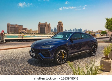 Doha, Qatar. Year 2019: A Luxury SUV, Lamborghini Urus, Moving Around Katara Beach