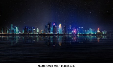 Doha skyline refection composite photo - Shutterstock ID 1118861081