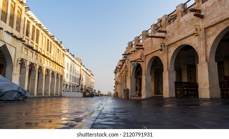 Doha,Qatar- january 28,2022 : view of Souq Waqif with many traditional buildings with arab architecture(traditional market) in Doha, Qatar.
