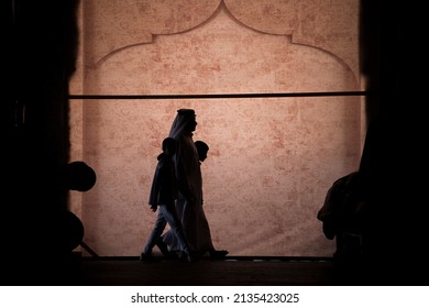 Doha,Qatar - March 05, 2019 : The Qatari Family In Traditional Attire Hang Out In Old Bazaar Market Souk Waqif.