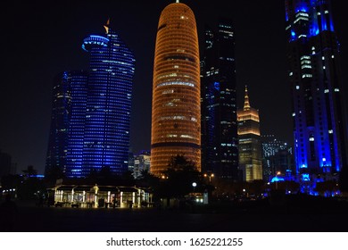 Doha/Qatar - September 1 2019: Night architecture and color lighting of Doha city skyscrapers. Streets and buildings - Shutterstock ID 1625221255
