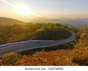 Doi Inthanon National Park,Chiangmai,in Thailand,Beautiful Asphalt Country Road Side On The Green Mountain Background In Morning Sunlight, Phetchabun Thailand. Road Trip.