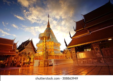 Doi Suthep pagoda with dramatic twilight sky. The most famous temple in chiangmai.Thailand.