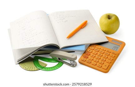 Doing homework. Notebook with math assignment, apple and stationery isolated on white