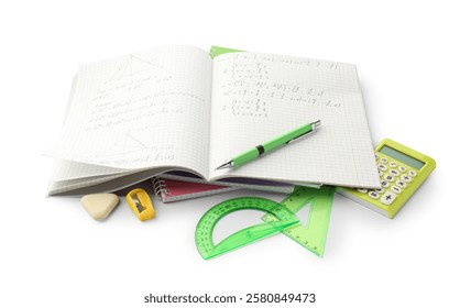 Doing homework. Notebook with math assignment and stationery on white background