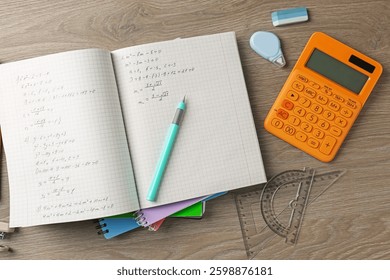 Doing homework. Notebook with math assignment and stationery on wooden desk, flat lay