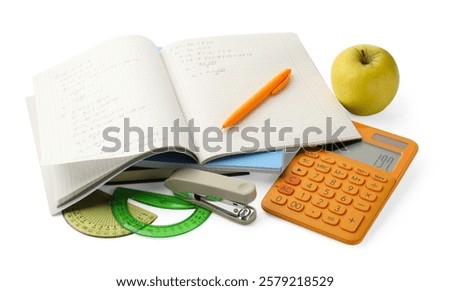 Doing homework. Notebook with math assignment, apple and stationery isolated on white