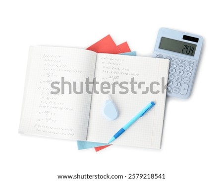 Doing homework. Notebook with math assignment and stationery on white background, top view
