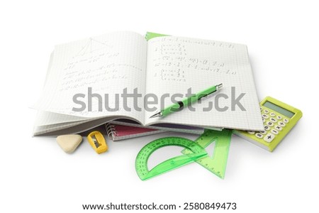 Doing homework. Notebook with math assignment and stationery on white background