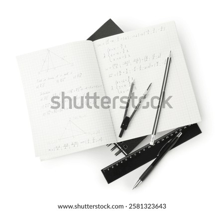 Doing homework. Notebook with math assignment and stationery on white background, top view