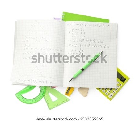 Doing homework. Notebook with math assignment and stationery on white background, top view
