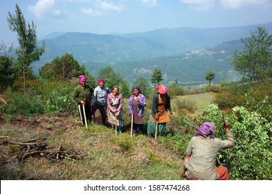 Dolakha District, Nepal - April 28, 2019: Group Of Nepali Women Working On Terrace Field In Mountains Near Jiri