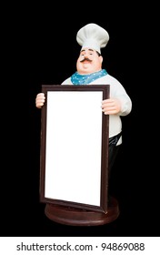 Doll ceramic chef with whiteboard isolate on black background,with clipping path.