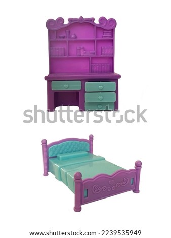 doll house furniture from plastic, isolated on white
