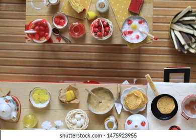 Doll House, Miniature Interior Of The Kitchen And Garden