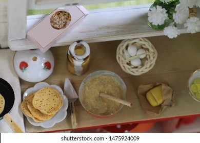 Doll House, Miniature Interior Of The Kitchen And Garden