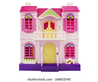 Doll Pink Plastic House Isolated On White.