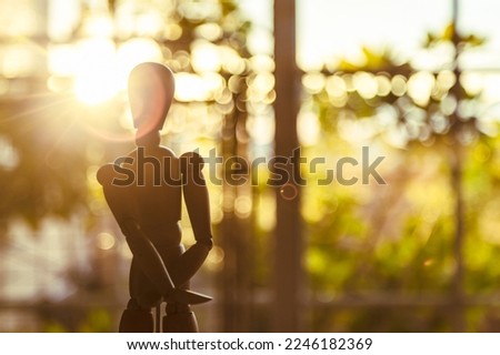 doll placed in a backlight, blur effects behind it, lights with shapes; simulation of an alien apparition