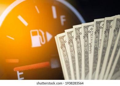 Dollar Bank Money Coming From Car Fuel Mileage Dashboard Concept Closed On Financial Background