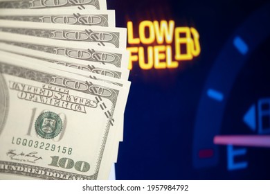 Dollar Bank Money Coming From Car Fuel Mileage Dashboard Concept Closed On Financial Background