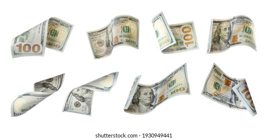 Dollar banknotes flying on white background, collage. Banner design
