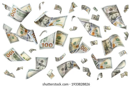 Dollar banknotes flying on white background, collage 