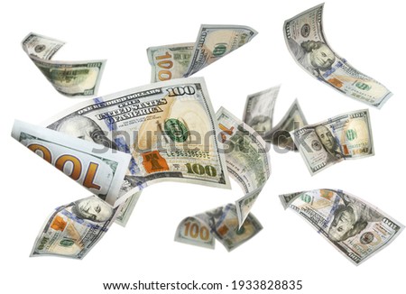 Dollar banknotes flying on white background, collage