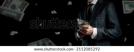 Dollar bill. Business man hand holding Washington American cash. Usd money falling banner