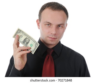 dollar bill into a shirt pocket businessman