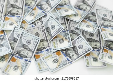 Dollar Bills Background. Pile Of American Money Cash. One Hundred Usd Dollars Banknotes.