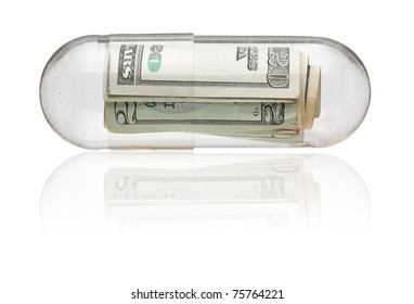 Dollar Bills In Medicine Capsule - Healthcare Costs Concept