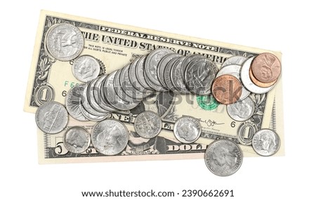 Dollar bills and metal money, coin isolated on white, top view