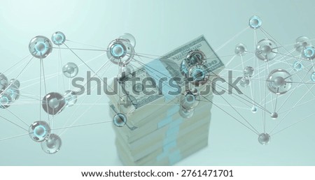 Dollar bundles sitting centered, data pulse initiating network nodes and lines showing finance flow. Banknotes, wealth, currency, monetary, digital, abstract, grid