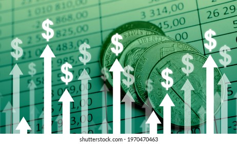 Dollar Currency Growth Concept With Upward Arrows On Charts And Coins Background.