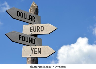 Dollar, Euro, Pound, Yen Signpost