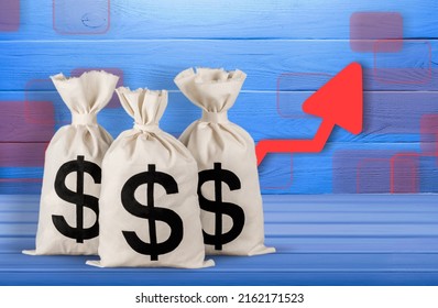 Dollar Money Bag And Up Arrow. Income Increase, Acceleration And Growing Of Economy. Good Consumer Sentiment And Demand For Goods.