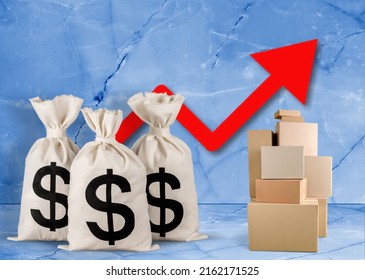 Dollar Money Bag And Up Arrow. Income Increase, Acceleration And Growing Of Economy. Good Consumer Sentiment And Demand For Goods.