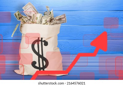 Dollar Money Bag And Up Arrow. Income Increase, Acceleration And Growing Of Economy. Good Consumer Sentiment And Demand For Goods.