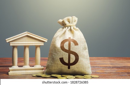 Dollar Money Bag And Bank / Government Building. Tax Collection And Budgeting. State Debt. GDP And GNP. Lending Loans, Placing Deposits. Monetary Policy. Support Businesses In Times Of Crisis.