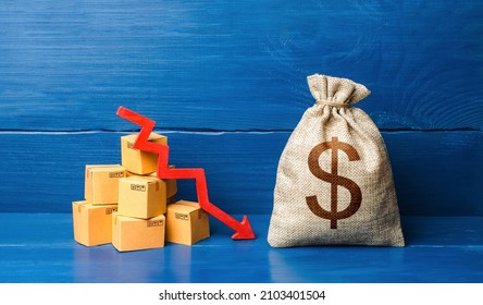 Dollar money bag with boxes and down arrow. Income decrease, slowdown and decline of economy. Bad consumer sentiment and demand for goods. Low sales. Production decline. Reduced transportation prices. - Shutterstock ID 2103401504