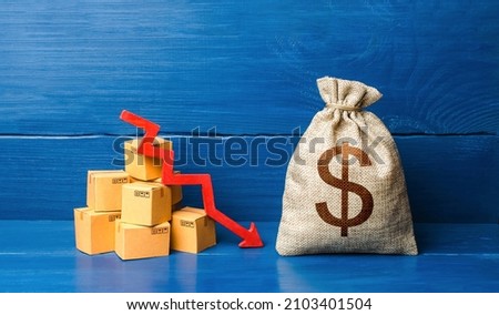 Dollar money bag with boxes and down arrow. Income decrease, slowdown and decline of economy. Bad consumer sentiment and demand for goods. Low sales. Production decline. Reduced transportation prices.