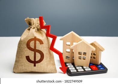 Dollar money bag with down arrow and houses on calculator. Falling real estate market, low prices and demand. Saving resources and reducing maintaining cost, increasing energy efficiency, technology.