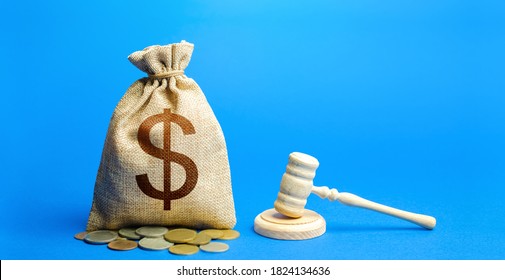 Dollar Money Bag And Judge's Gavel. Litigation, Dispute Resolution, Conflict Of Interest Settlement. Awarding Moral Financial Compensation. Justice, Rule Of Law. Lawyer Services. Protection Of Rights