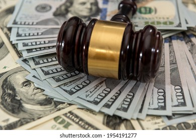 Dollar Money And Judges Gavel On Table. Judgement And Bribe. Corruption