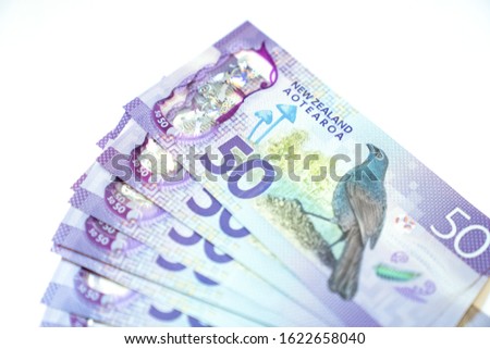 Dollar notes in New Zealand currency $50 on white background